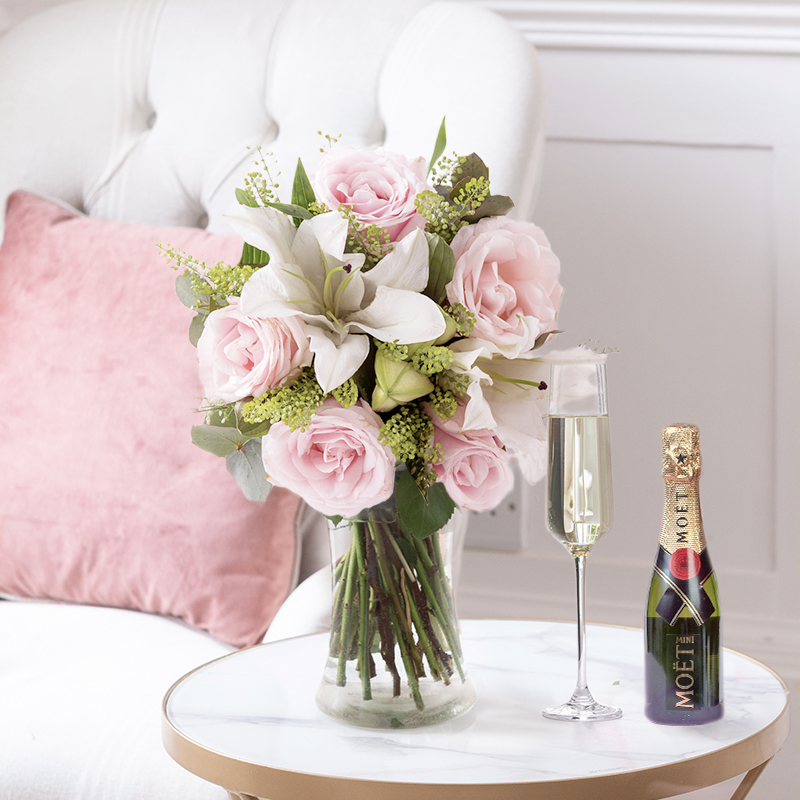 Blush Rose & Lily Bouquet with Mini Moët & Vase | Romantic Gift | Next Day Flowers Delivery - Blossoming Gifts