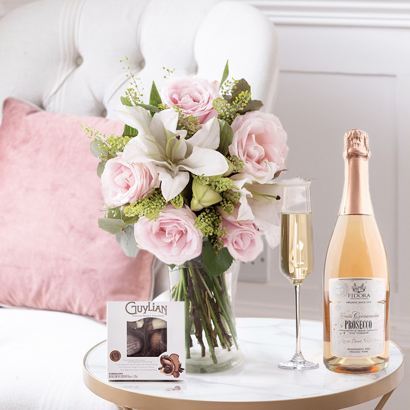 Blush Rose & Lily Bouquet with Prosecco Rose & Chocolates | Romantic Gift | Next Day Flowers Delivery - Blossoming Gifts