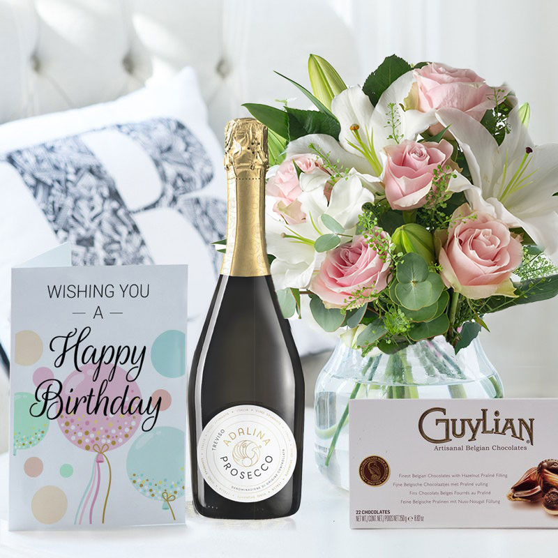 Blush Pink Rose & Lily, Prosecco, Chocolates & Birthday Card | Birthday Gift | Flowers & Prosecco | Flowers & Chocolates - Blossoming Gifts