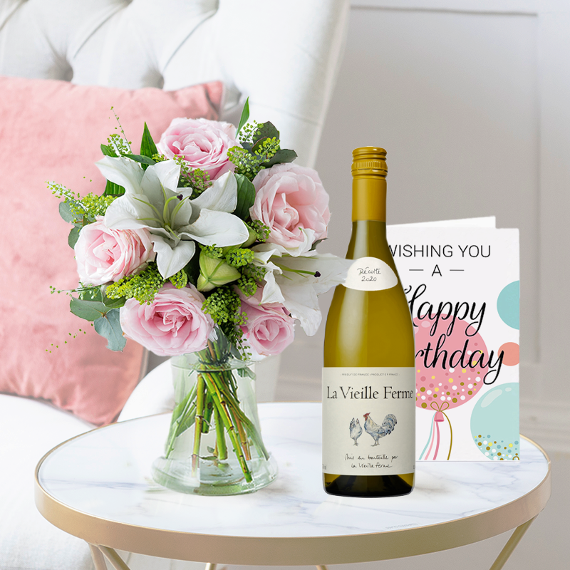 Blush Pink Rose & Lily, La Vielle Ferme White & Birthday Card| Say Happy Birthday | Next Day Flower Delivery UK - Blossoming Gifts