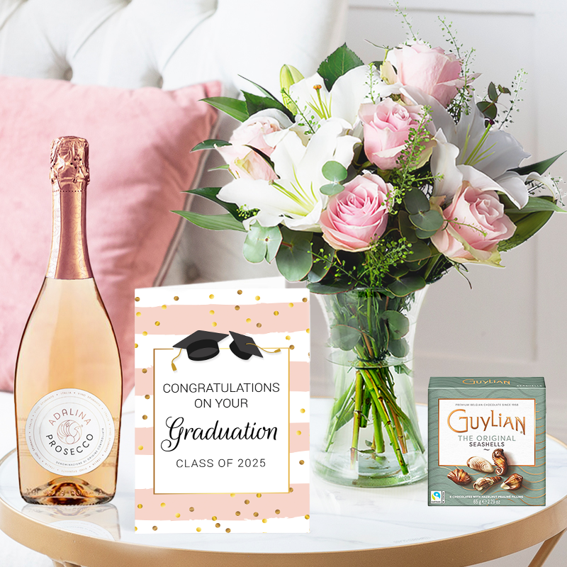 Pink Rose & White Lily Bouquet, Prosecco Rosé, Guylian Chocolates & Graduation Card | Graduation Gifts | Flowers Delivery - Blossoming Gifts