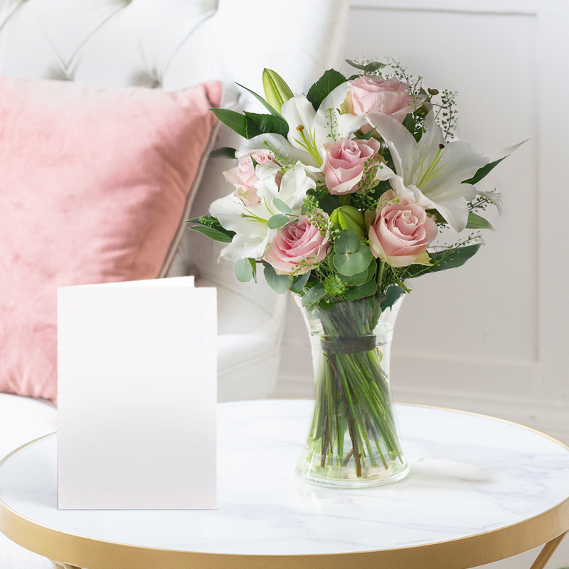 White Lilies & Pink Roses Bouquet with Vase & Card | Romantic Gift | Next Day Flowers Delivery - Blossoming Gifts