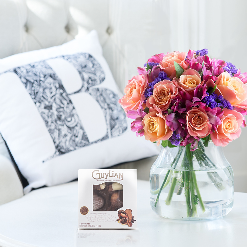 Bright Rose & Alstro, Vase & Chocolates (65g) | Flowers & Chocolates Gift Set | Vase & Flowers | Next Day Delivery - Blossoming Gifts
