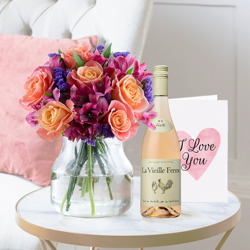 Bright Rose & Alstroemeria, La Vielle Ferme Rosé & Romance Card | 100% Happiness Gift Set | Next Day Flowers Delivery - Blossoming Gifts