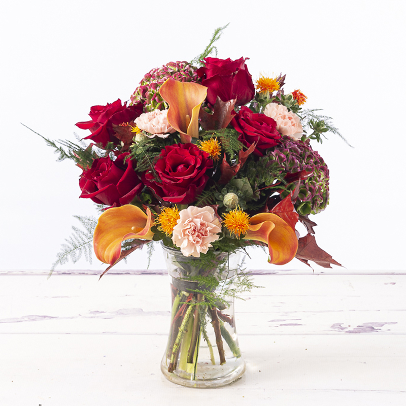 Autumn Hydrangeas, Orange Calla Lilies, Red Roses & Peach Carnations | Autumn Flowers | Butternut Squash | Next Day Flower Delivery - Blossoming Gifts
