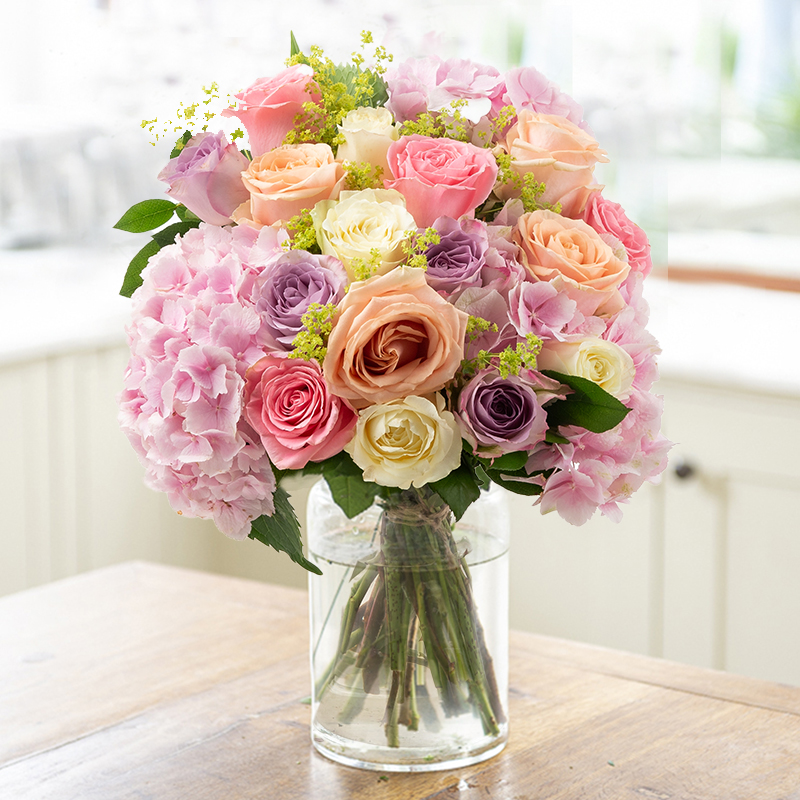 Pink Hydrangeas with Peach, Pink, Lilac & White Roses | Summer Flowers | Pastel Flowers | Candy Clouds | Hydrangeas & Roses Bouquet - Blossoming Gifts