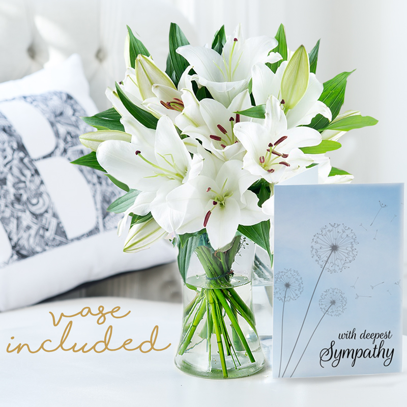 Casablanca White Lilies with Vase & Sympathy Card | Sympathy Gift | Sympathy Flowers Delivered with Vase | Bereavement Gifts - Blossoming Gifts