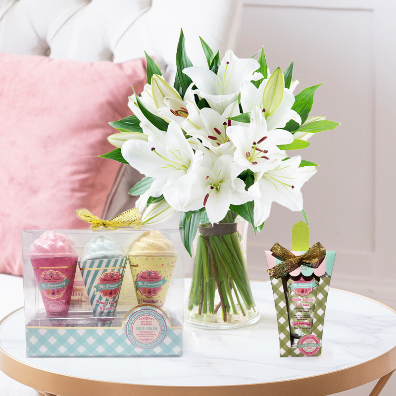 Lily Bouquet with Bath Fizzer Set & Hand Cream | 100% Happiness Gift Set | Next Day Flowers Delivery - Blossoming Gifts