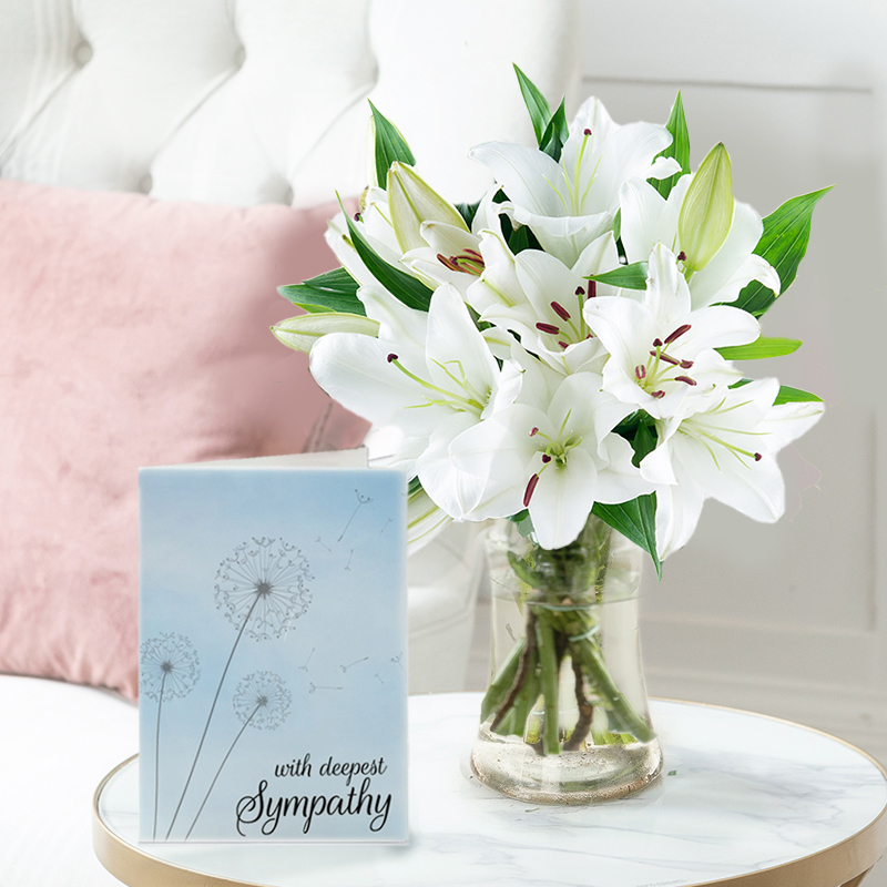 Lily Bouquet, Vase & Sympathy Card | Romantic Gift | Next Day Flowers Delivery - Blossoming Gifts