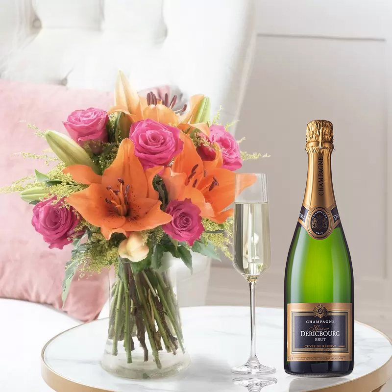 Cheerful Lily & Rose, Champagne & Vase