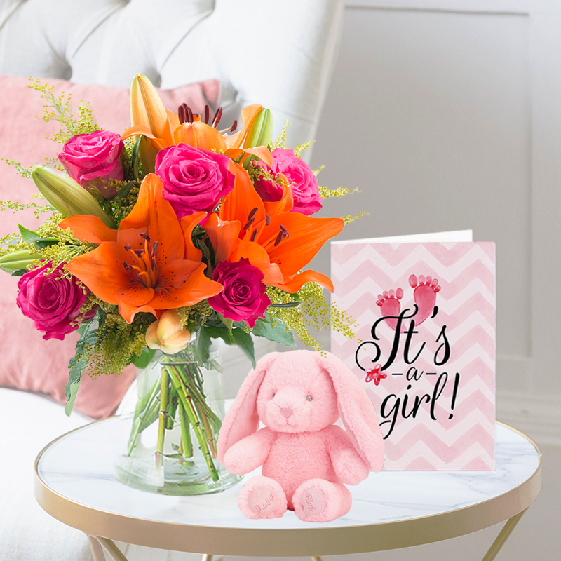 Orange Lily & Rose Bouquet | New Baby Flowers | Next Day Flower Delivery UK - Blossoming Gifts