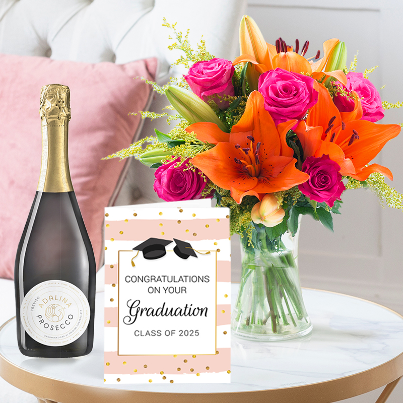 Orange Lily & Rose, Prosecco & Graduation Card | Graduation Gift | Next Day Flowers Delivery - Blossoming Gifts