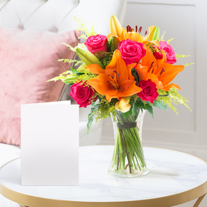 Cheerful Lily & Rose, Vase & Card | Romantic Gift | Next Day Flowers Delivery - Blossoming Gifts