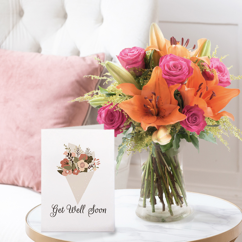 Get Well Flower Bouquet Gift Set - Cheerful Lily & Rose, Vase & Gell Well Card - Orange & Pink Roses & Lilies - Next Day Flower & Gift Delivery UK -