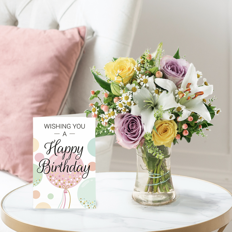 White Lily & Rose Bouquet with Birthday Card | Romantic Gift | Next Day Flowers Delivery - Blossoming Gifts