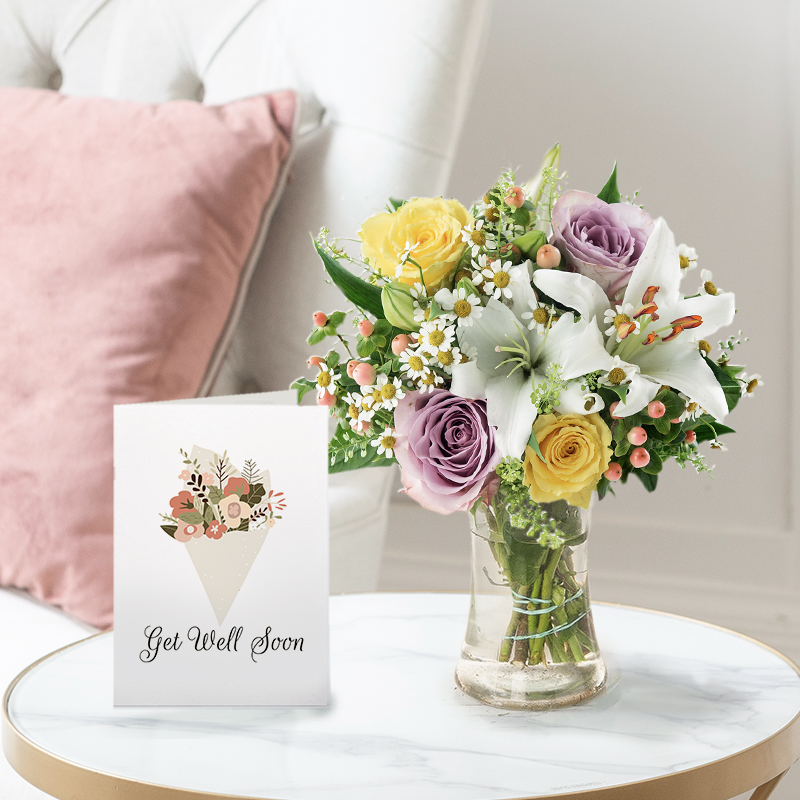 White Lily & Rose Bouquet with Get Well Soon Card | Romantic Gift | Next Day Flowers Delivery - Blossoming Gifts