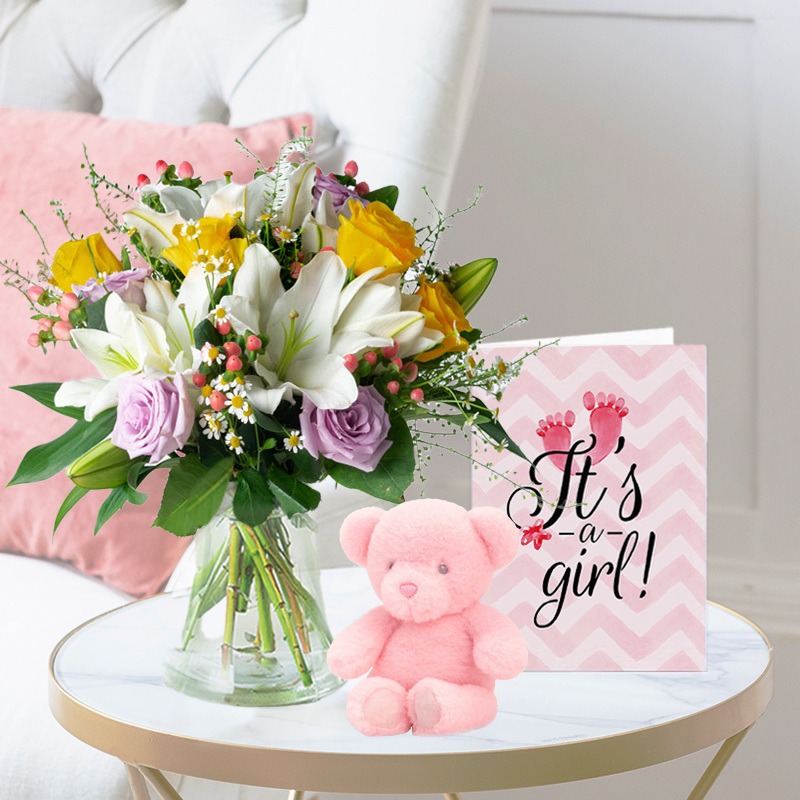 Cipriani, Pink Bear & New Baby Girl Card | New Baby Flower | Next Day Flower Delivery UK - Blossoming Gifts