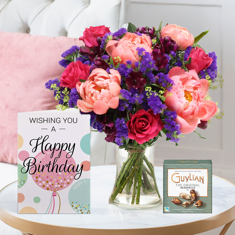 Pink Rose & Peony, Guylian Chocolates & Birthday Card | Send Sunshine to Their Door | Next Day Flower Delivery UK - Blossoming Gifts