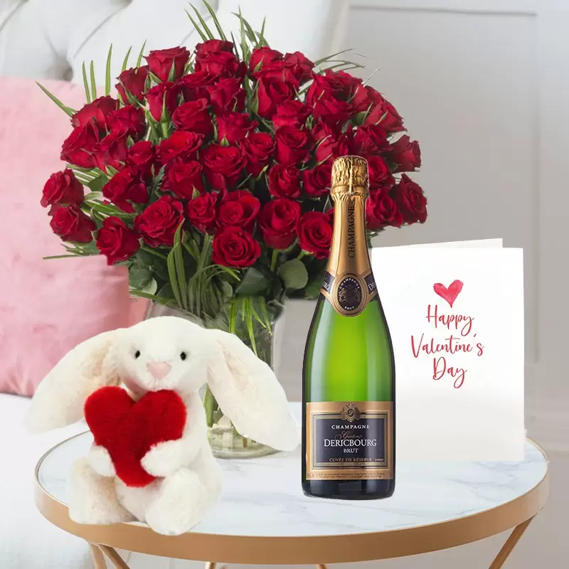 Red Roses, Champagne & Bunny from Blossoming Gifts