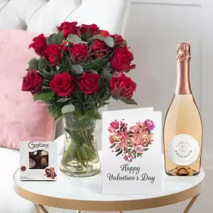 12 Luxury Red Roses, Prosecco Rosé, Chocolates and Card