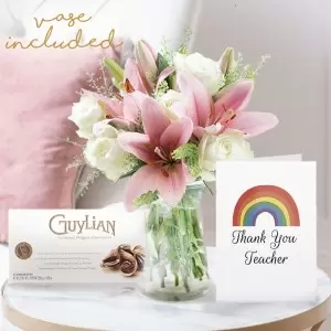 Beautiful Lily & Rose, 250g Chocolates, Vase & Thank You Teacher Card