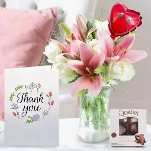 Beautiful Lily & Rose, Mini Balloon, Chocolates & Thank You Card