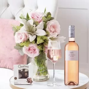 Blush Pink Rose & Lily, Rosé Wine & 65g Chocolates
