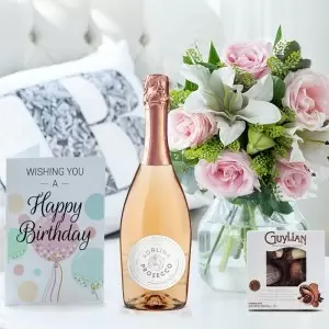 Blush Pink Rose & Lily, Prosecco Rosé, 65g Chocolates & Birthday Card