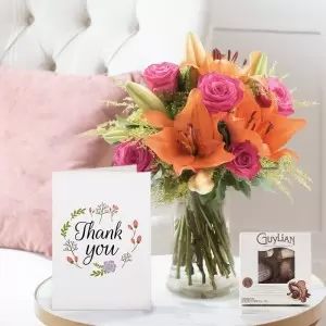 Cheerful Lily & Rose, 65g Chocolates & Thank You Card
