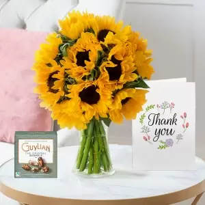 Summer Sunflowers, 65g Guylian Chocolates & Thank You Card