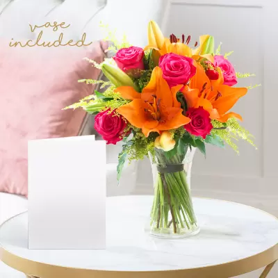 Cheerful Lily & Rose, Vase & Card