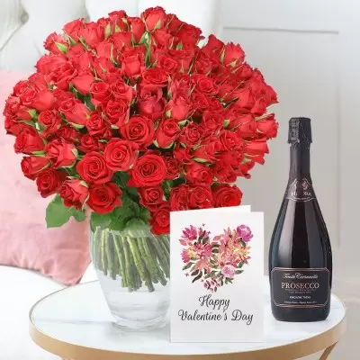 100 Red Roses, Prosecco Fidora and Valentine's Card