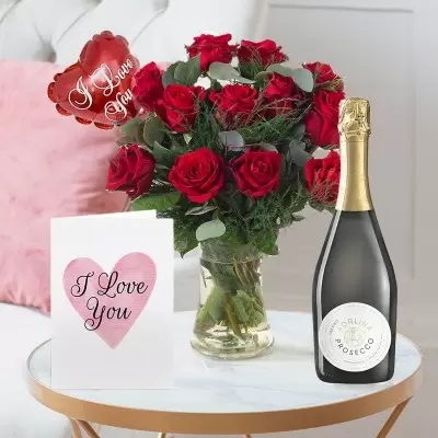 12 Luxury Red Roses, I Love You Balloon, Prosecco & Card