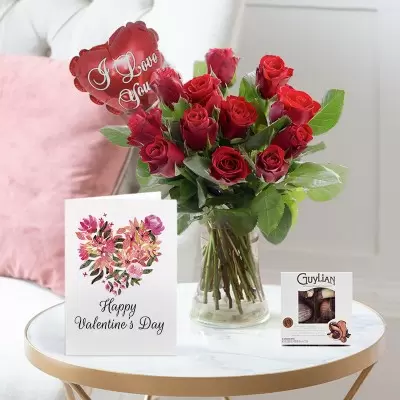 12 Red Roses, Mini Balloon, Chocolates & Card