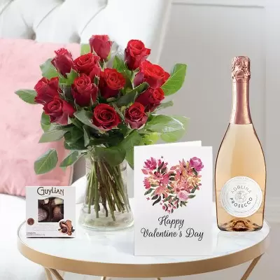 12 Red Roses, Prosecco Rosé, Chocolates and Card