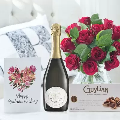 12 Red Roses, Prosecco, 250g Chocolates & Card