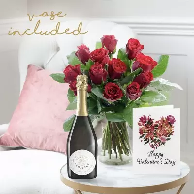 12 Red Roses, Prosecco, Vase & Card