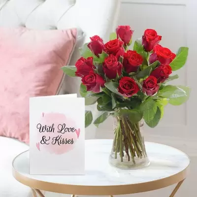 12 Red Roses, Vase and Romance Card