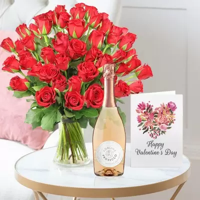 50 Red Roses, Adalina Rosé Prosecco and Valentine's Card