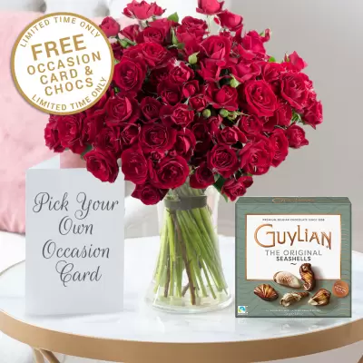 50 Red Roses & Free Guylian Chocolates & Card