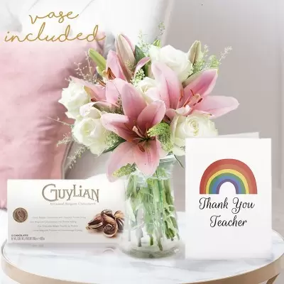 Beautiful Lily & Rose, 250g Chocolates, Vase & Gift Card