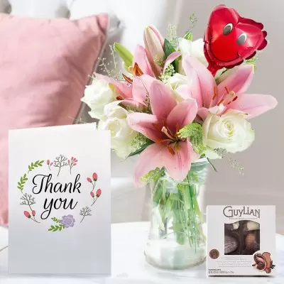 Beautiful Lily & Rose, Mini Balloon, Chocolates & Thank You Card