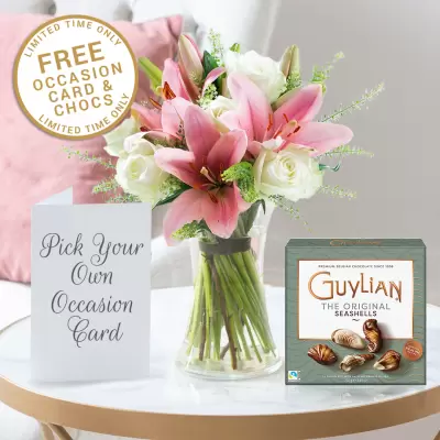 Beautiful Lily & Rose & Free Guylian Chocolates & Card