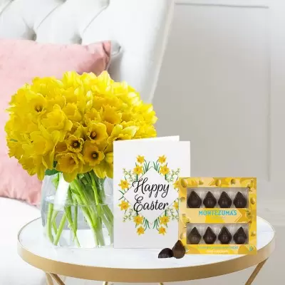100 Daffodils, Easter Dark Chocolate Chicks (90g) & Happy Easter Card