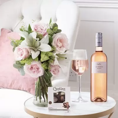 Blush Pink Rose & Lily, La Source Rosé Wine & 65g Chocolates 