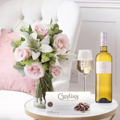 Blush Pink Rose & Lily,  La Source White Wine & 250g Chocolates 
