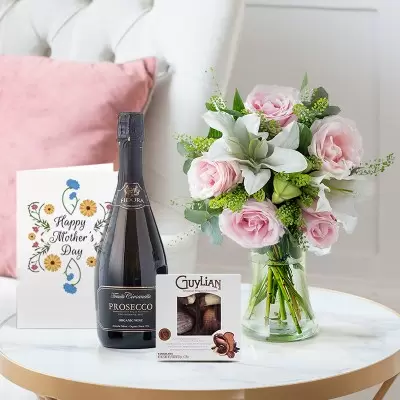 Blush Pink Rose & Lily, Prosecco Fidora, 65g Guylian Chocolates & Mother's Day Card