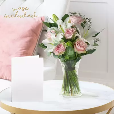 Blush Pink Rose & Lily, Vase & Card