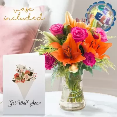 Cheerful Lily & Rose, Mini Balloon, Vase & Get Well Card