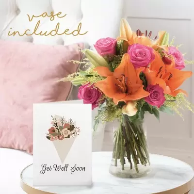Cheerful Lily & Rose, Vase & Gell Well Card